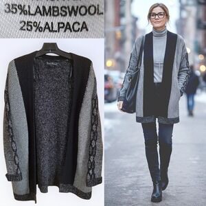 Alpaca Lambswool Wool Blend Cardigan Open Front Black White‎ Medium